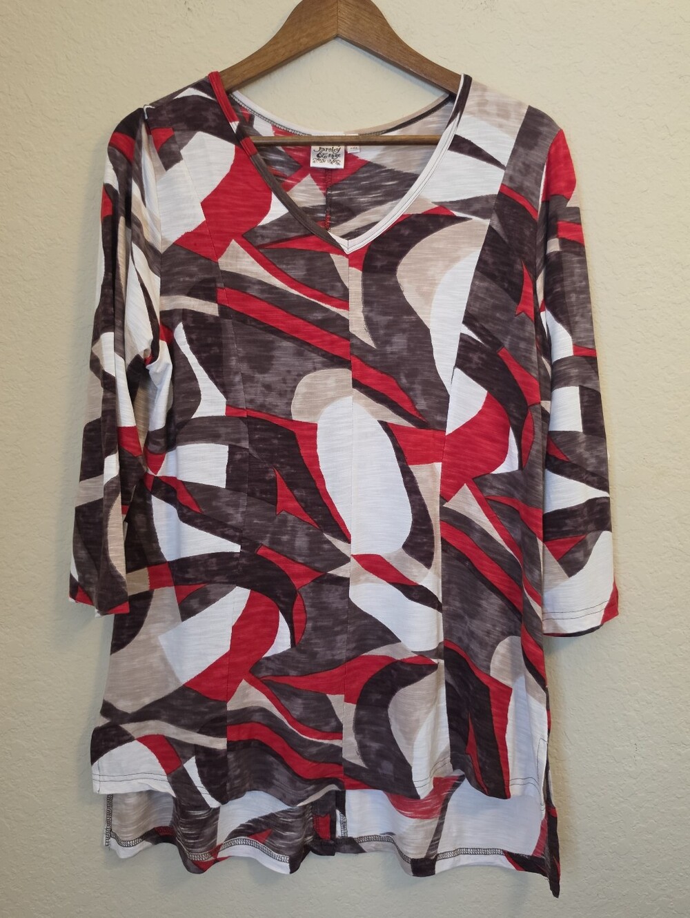 Parsley & Sage Tunic Top Womens Large Brown Red White Geometric Boho Art To Wear